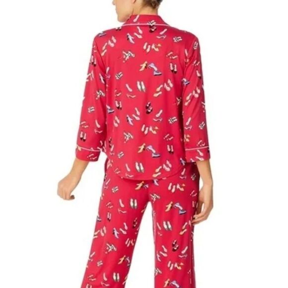 kate spade S Red Multi Stiletto Shoe Print Notch Collar Long Sleeve Pajama Set - Picture 2 of 16